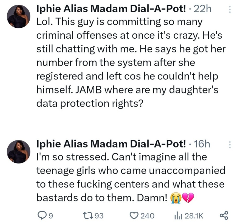 Mum rages after a man at JAMB CBT centre took her number from the system to chat with her 15-year-old daughter