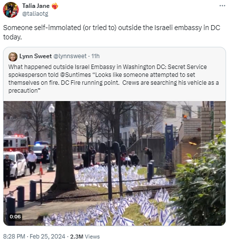 Protester sets self on fire outside Israeli embassy in Washington DC