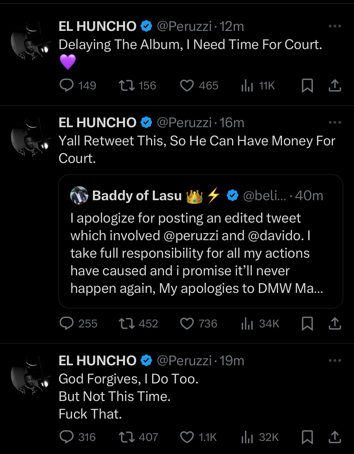 Davido reacts after Peruzzi threatened legal action against LASU student who made up tweet about him