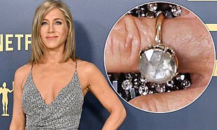 Actress Jennifer Aniston sparks engagement speculation by wearing huge diamond ring at the SAG Awards (Photos)