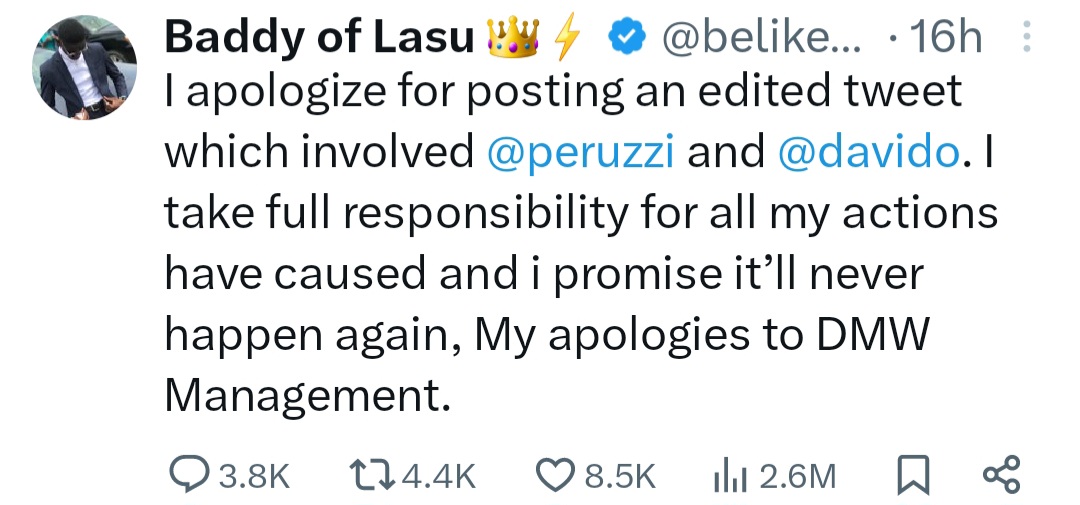 Davido reacts after Peruzzi threatened legal action against LASU student who made up tweet about him