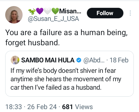 American woman slams Nigerian man for saying he has failed as a husband if his wife?s body doesn?t shiver in fear anytime she hears the sound of his car