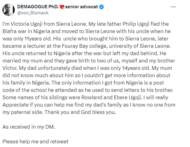 Nigerian lady whose deceased father fled to Sierra Leone during the civil war takes to social media to search for his family members