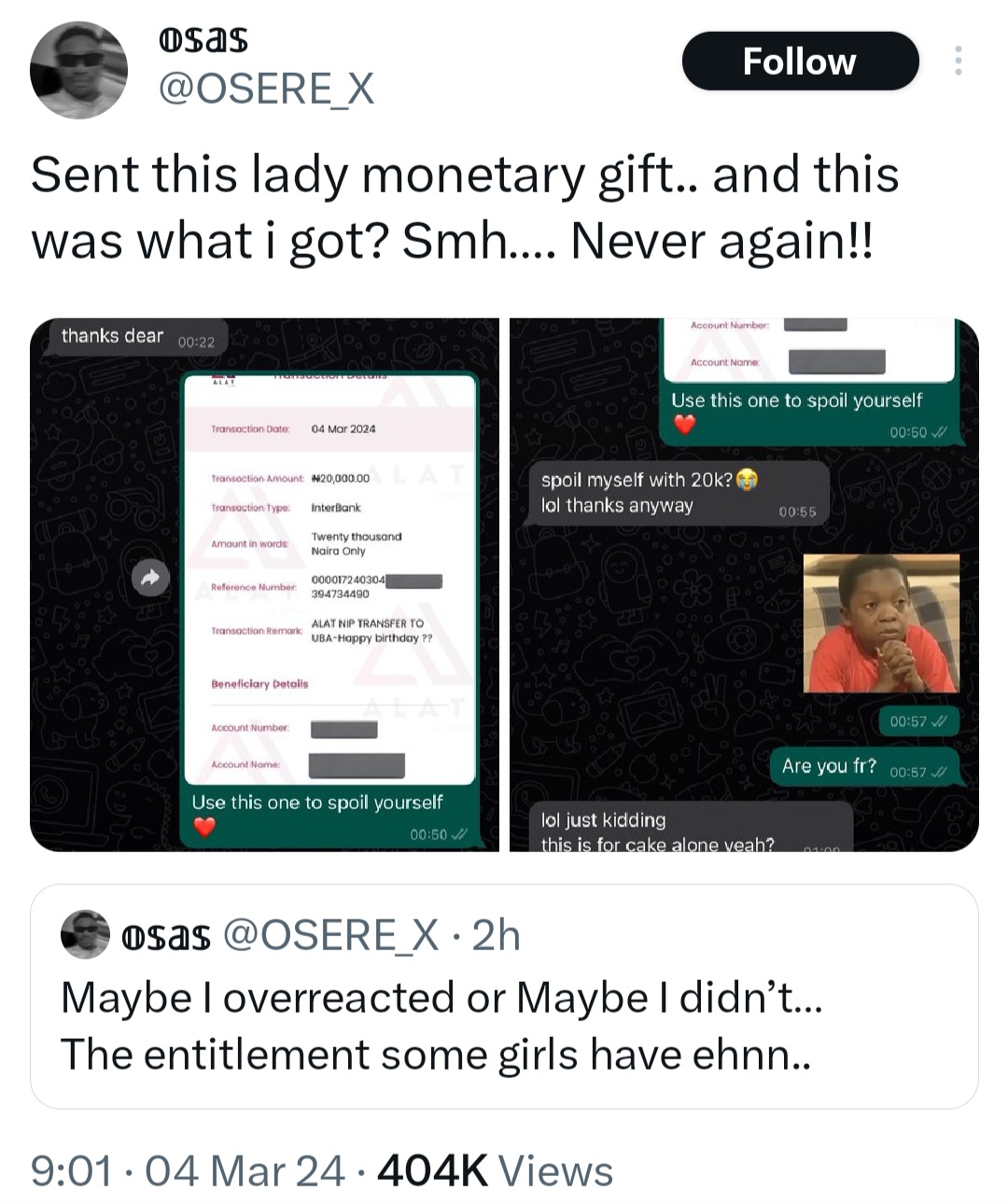 Man shares message he received from a woman after he sent N20k to her