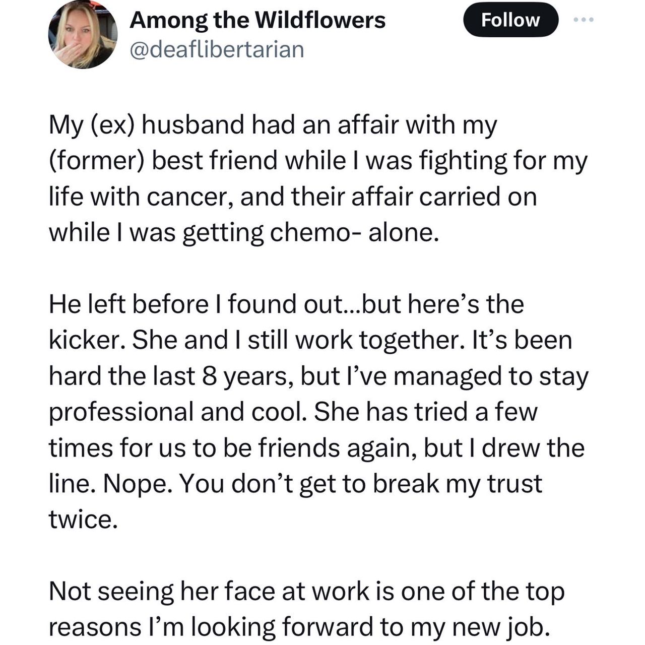 Lady recounts how her husband had an affair with her bestfriend while she battled with cancer