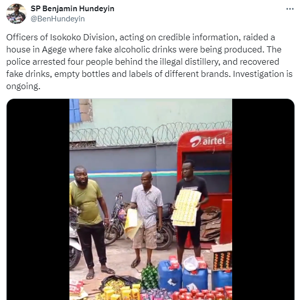 Four arrested as police raid house where fake drinks are produced in Lagos