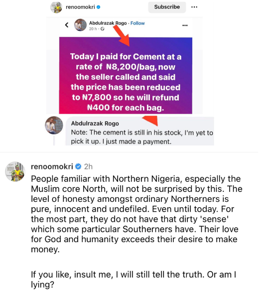 Reno Omokri hails Northern muslims after Nigerian man recounts how a cement seller in Kano made refunds to him after price of cement crashed hours after he paid