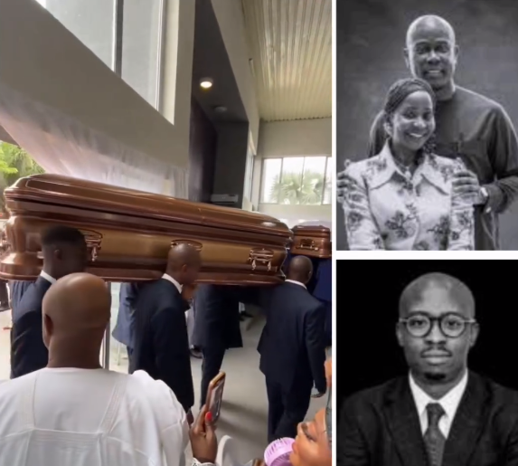 Bodies of Late Bank boss, Herbet Wigwe, Chizoba and son Chizzy arrive church for funeral service (video)