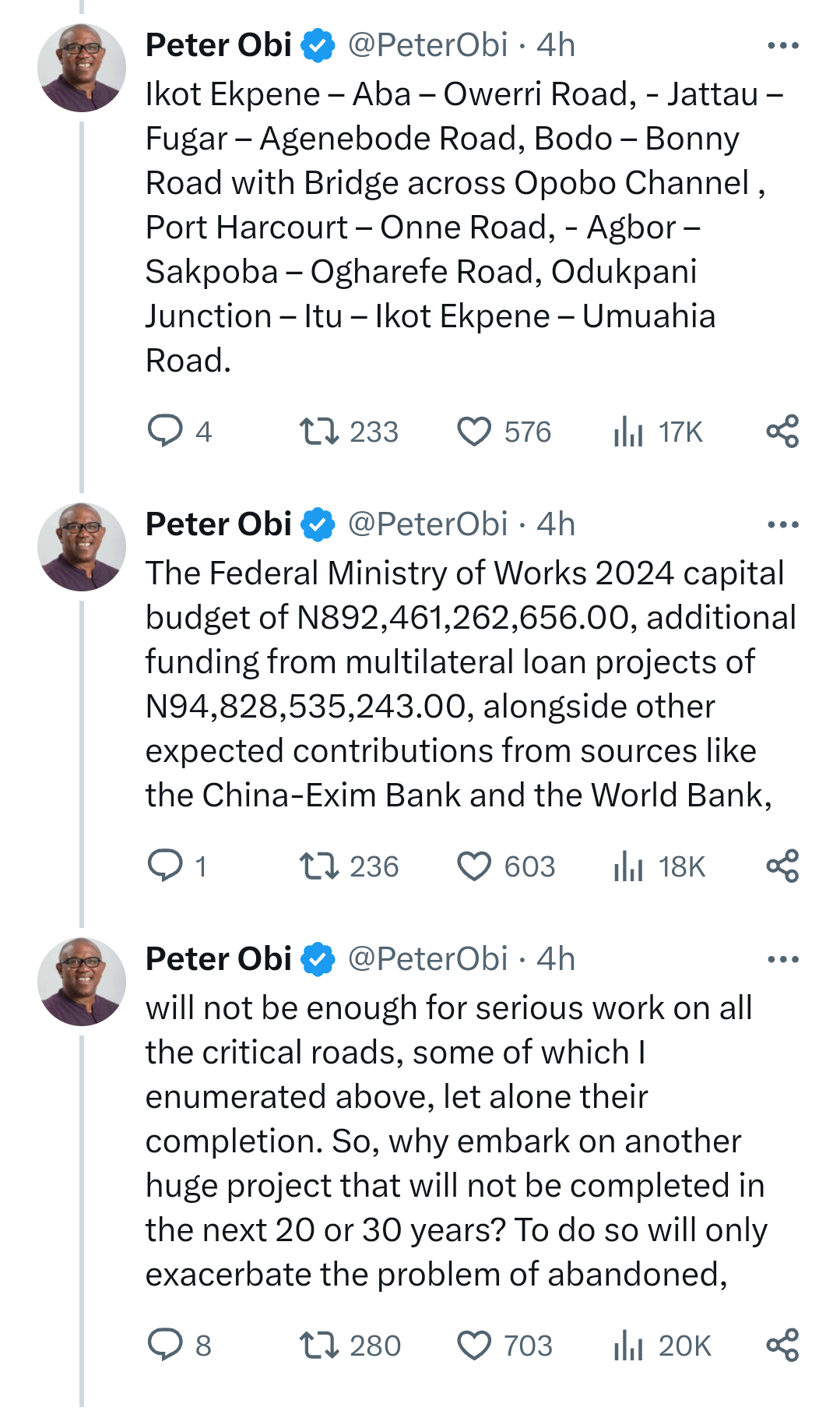 Why embark on another huge project that will not be completed in the next 20 or 30 years - Peter Obi questions FG