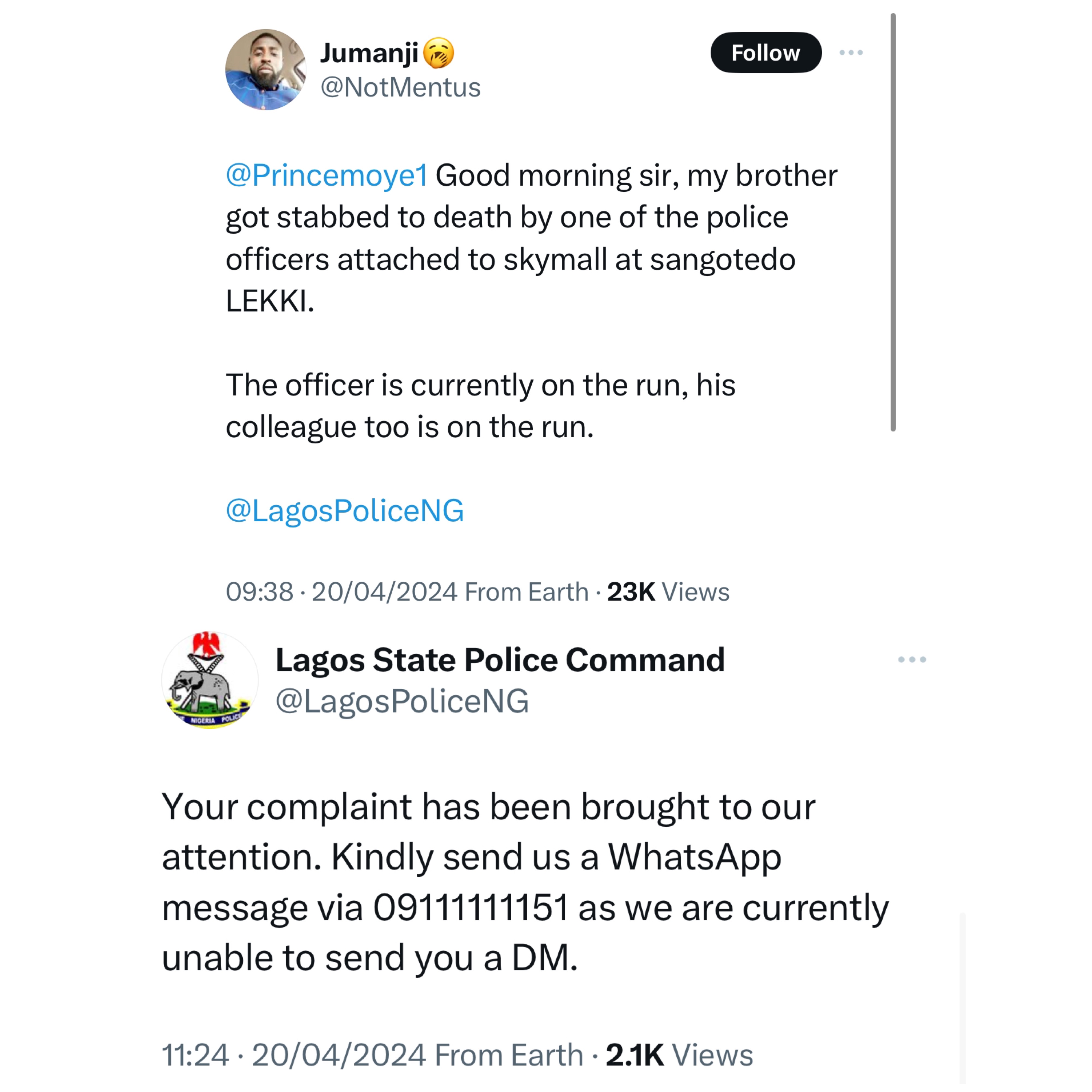 Lagos police commences investigation into alleged murder of man by a police officer in Lagos shopping mall