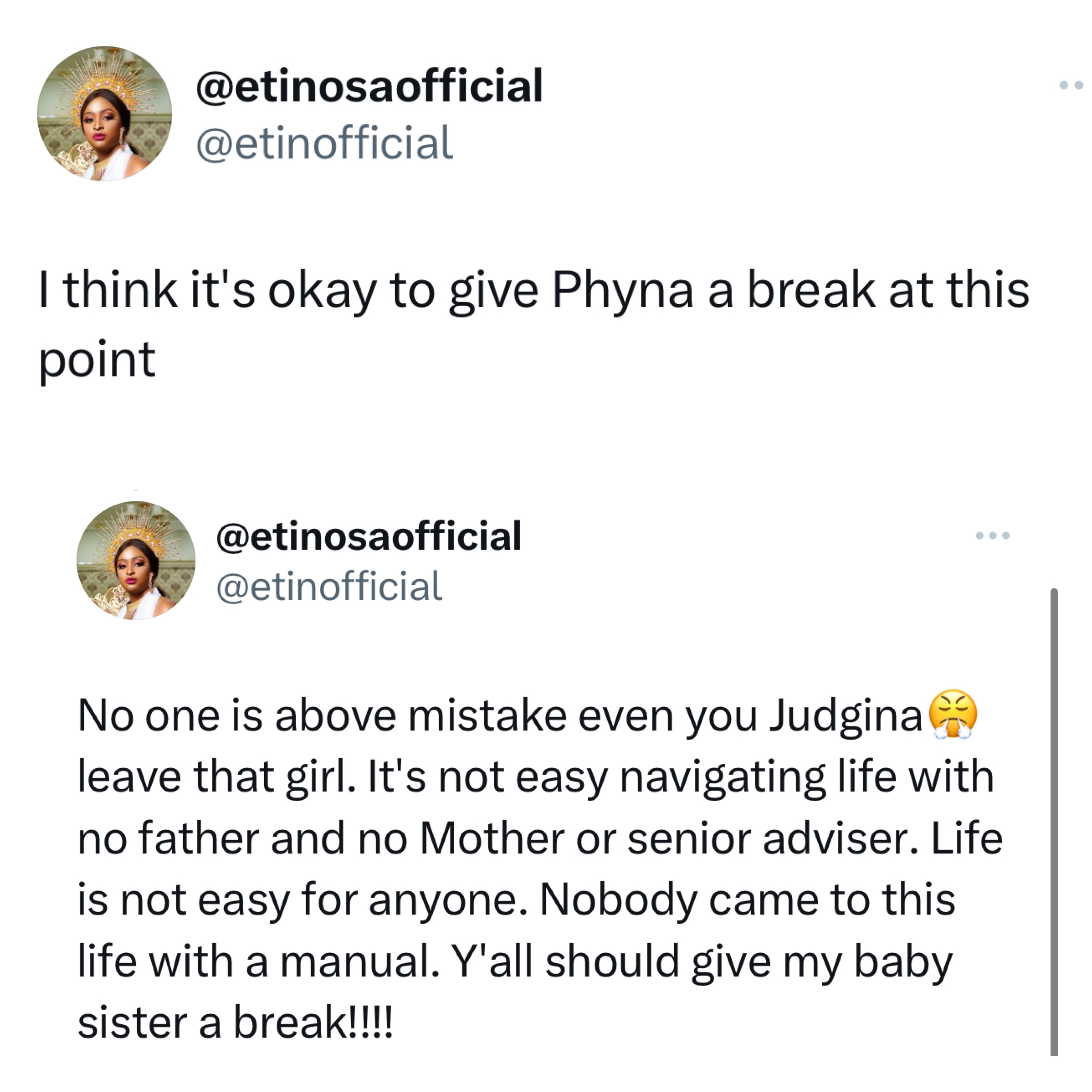 "Did she choose to be born into a razz environment or family??- Etinosa tackles Nigerians criticizing Phyna