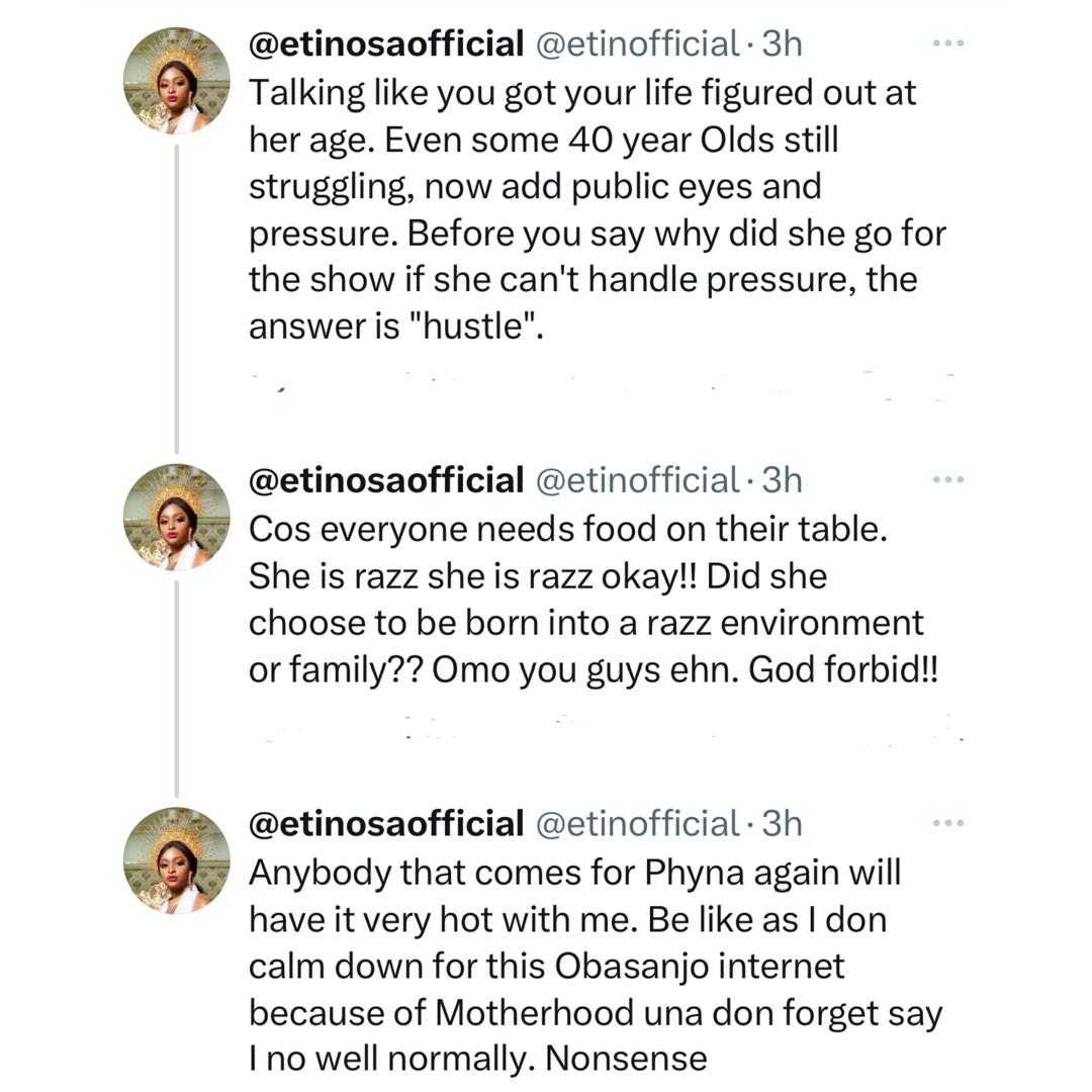 "Did she choose to be born into a razz environment or family??- Etinosa tackles Nigerians criticizing Phyna