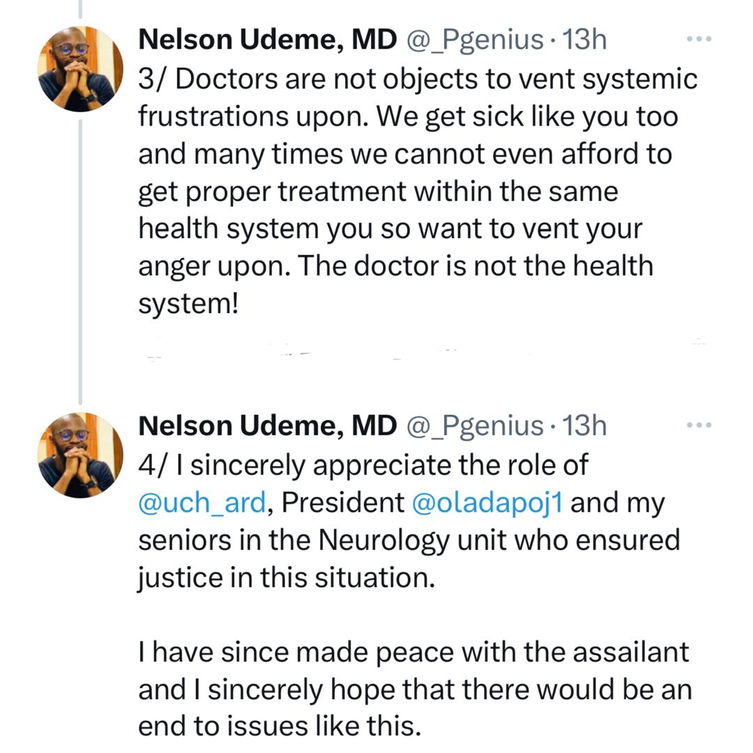 Doctors are not objects to vent systemic frustrations upon - Nigerian doctor writes after a man who assaulted him following the death of his mum apologizes to him on a national daily