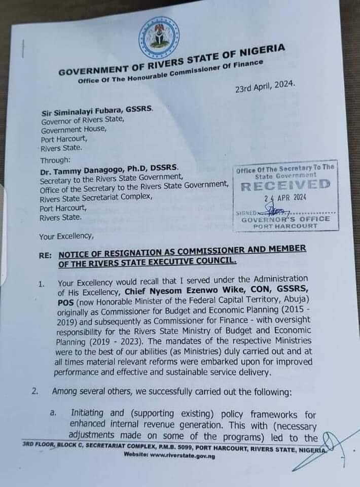 Rivers Finance Commissioner tenders his resignation