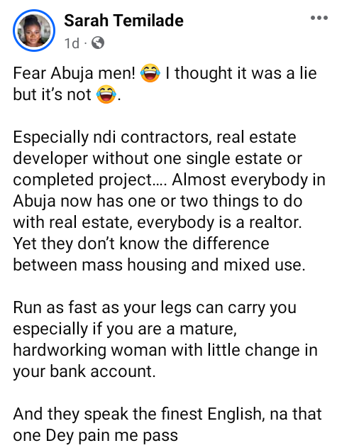 Avoid Abuja men especially if you are a mature, hardworking woman with little change in your bank account - Nigerian lady says