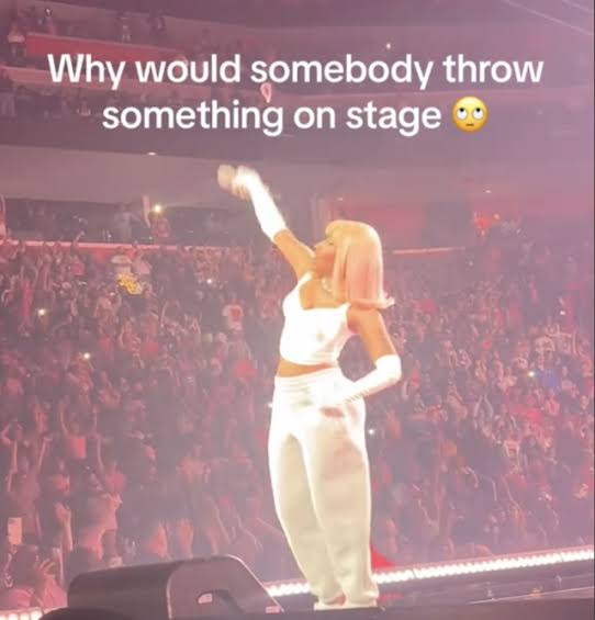 Nicki Minaj throws object back at audience after a fan there the object at her while she was performing  (video)