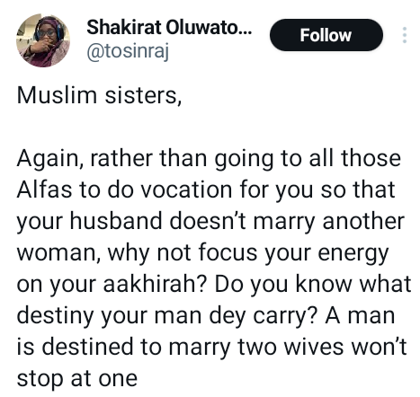 Being the first wife doesn?t mean your future co-wives snatched your husband  - Nigerian woman tells Muslim women