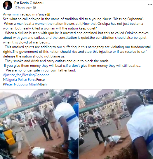 Outrage as masquerades brutally flog female nurse until she falls in a gutter in Enugu (video)