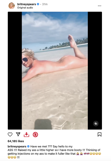 Britney Spears shares nude video on the beach as she admits she wants butt injections