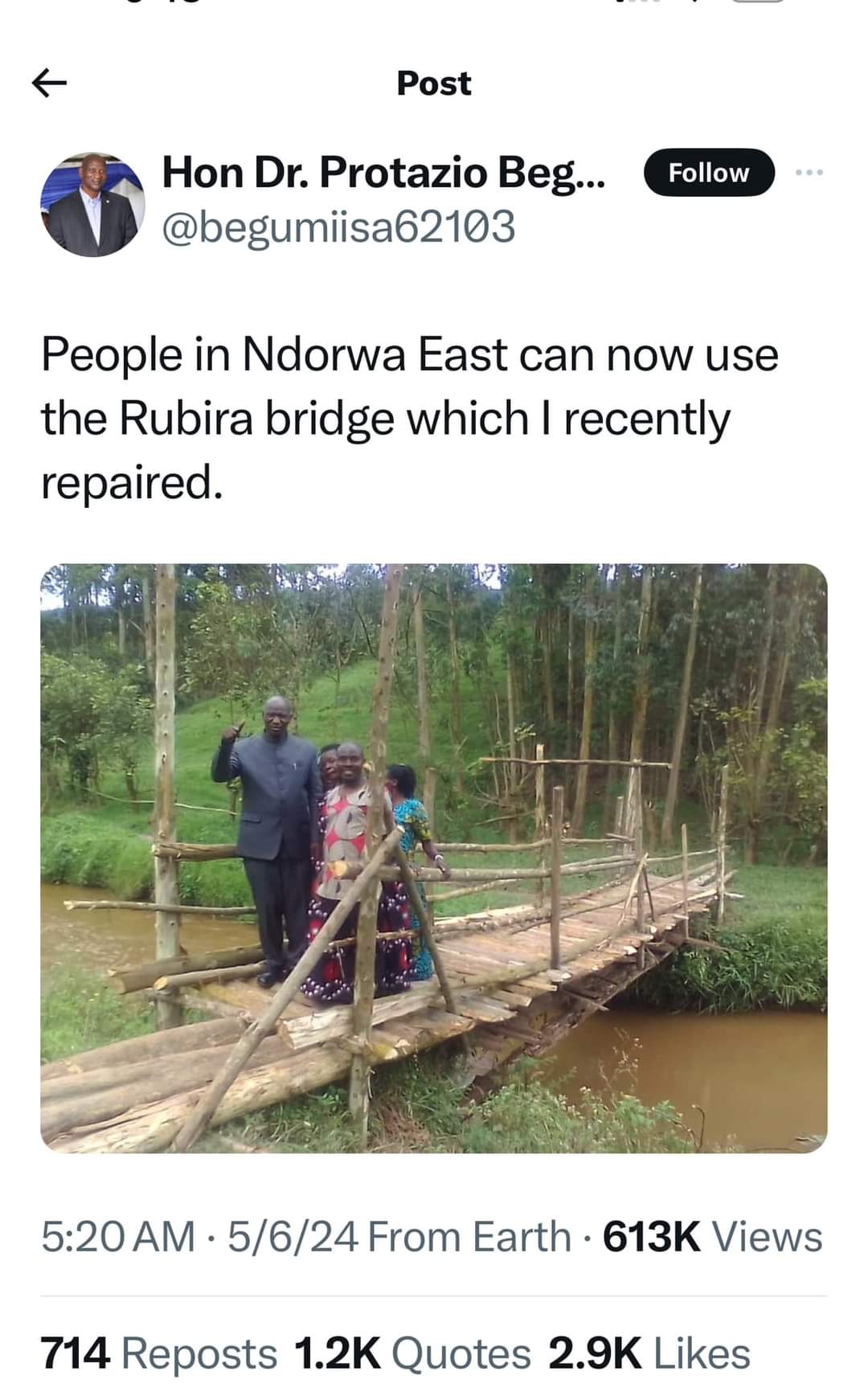 "Shame on you" Ugandan Senator gets called out after proudly showing off bridge he constructed for his constituents