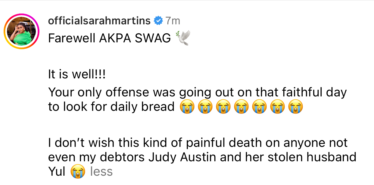 Actress Sarah Markns shades Judy Austin and Yul as she mourns Jnr Pope