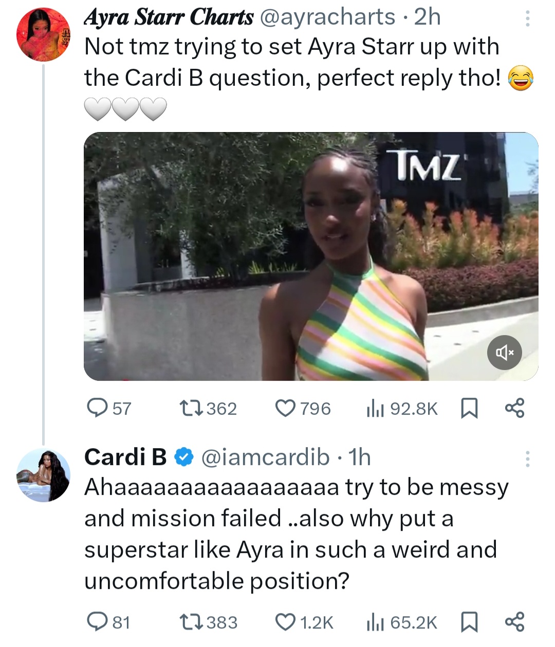 "Why put a superstar like Ayra Starr in such a weird position?" Cardi B asks after the Nigerian singer was asked to give her opinion on the American rapper (video)