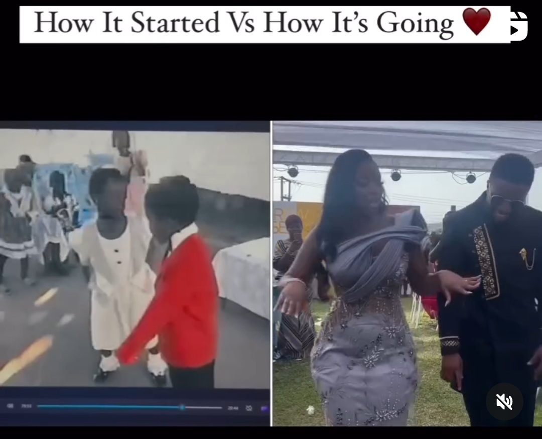 Side-by-side video shows couple dancing on their wedding day alongside throwback video of them dancing together as kids