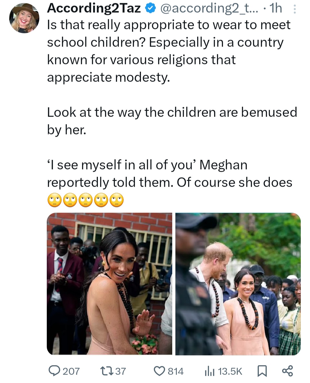 Meghan Markle called out for dressing "inappropriately" to visit a school in Nigeria