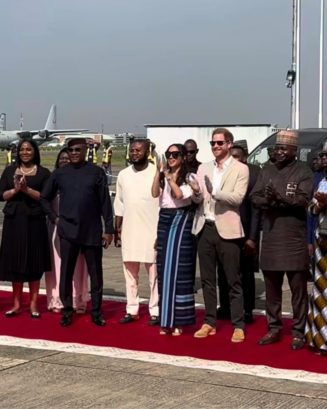 Meghan Markle ties aso oke wrapper as she arrives Lagos with Prince Harry on day 3 of their visit to Nigeria (video)