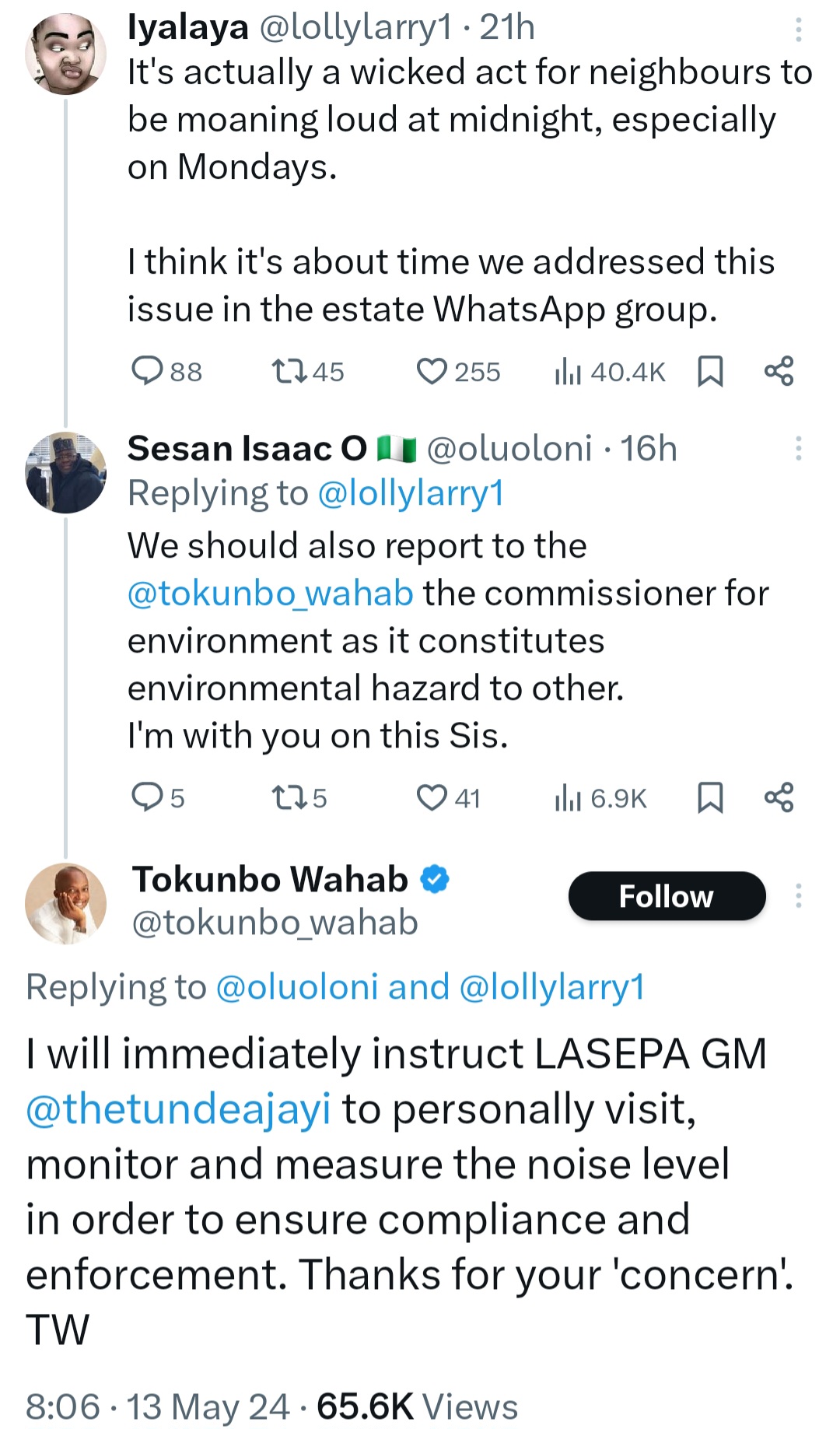 Commissioner for Environment, Tokunbo Wahab reacts after a Lagos resident complained of neighbours moaning loudly at night