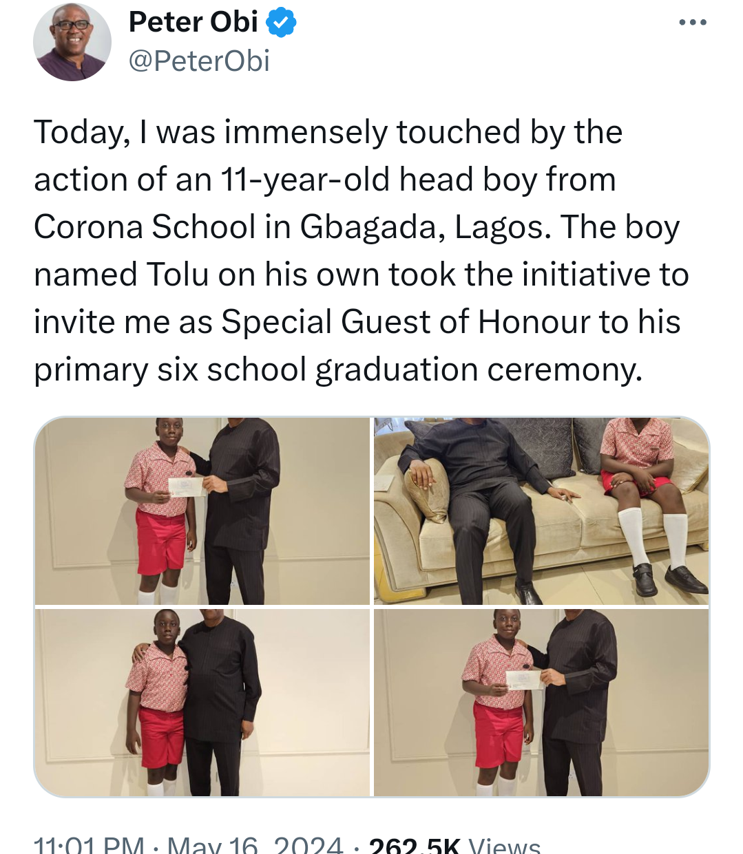 Peter Obi honors 11-Year-Old boy who invited him to his Primary School graduation