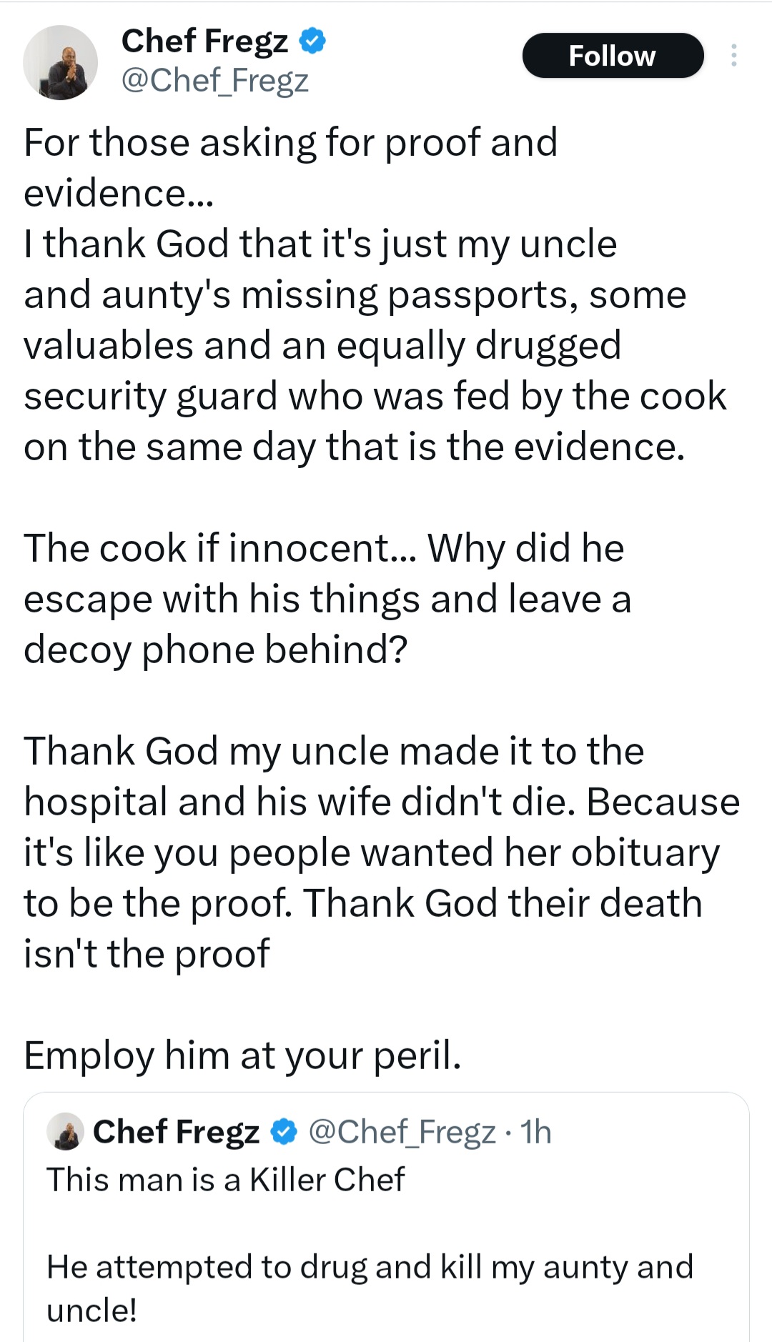 Chef Fregz calls out his colleague; accuses him of trying to kill his uncle and aunt