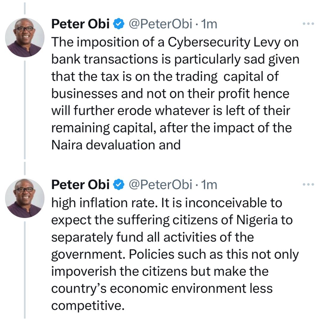 Introduction of Cybersecurity Levy is further proof that the government is more interested in milking a dying economy instead of nurturing it to recovery - Peter Obi