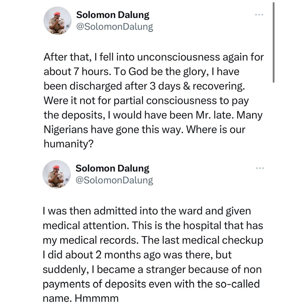 Many Nigerians have gone this way. Where is our humanity? - Former Sports Minister Solomon Dalung asks after a hospital he has consistently used neglected him for hours over N80000 deposit