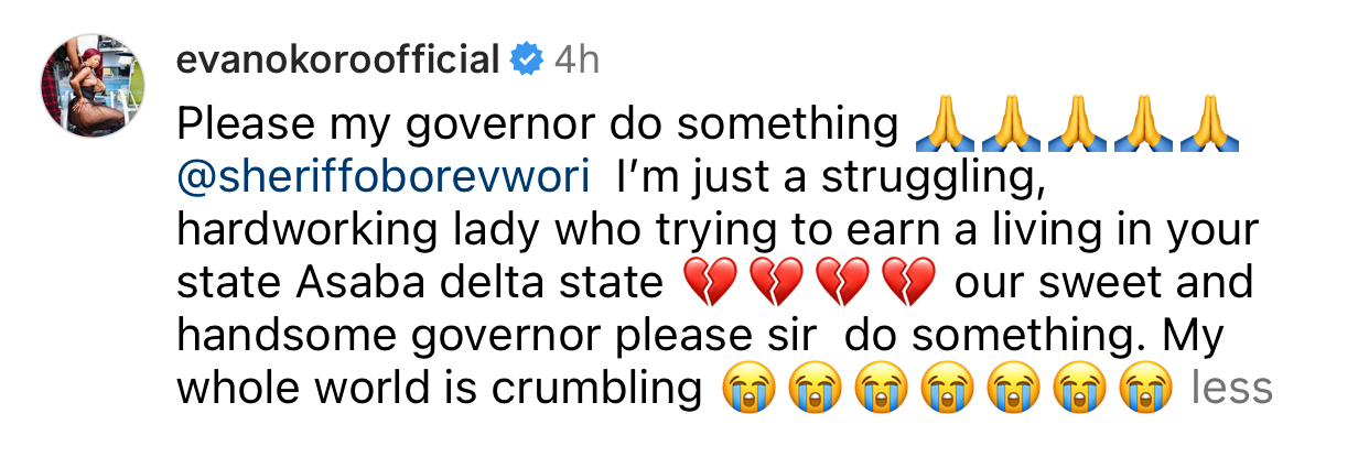 Actress Evan Okoro cries out after Delta State government demolished her properties in Asaba