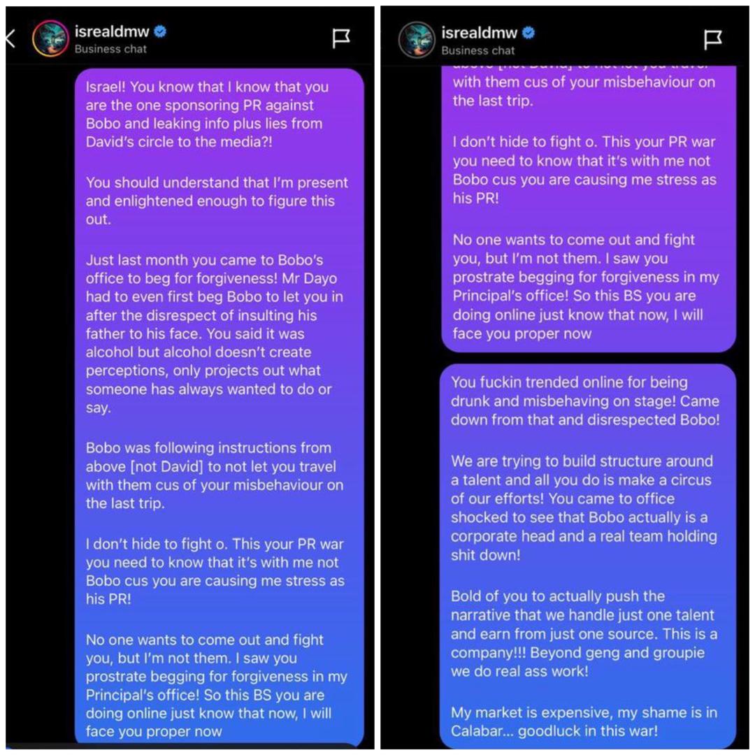 Isreal DMW reacts after purported DMs of Davido?s former lawyer?s PR accusing him of giving information to bloggers surfaces online