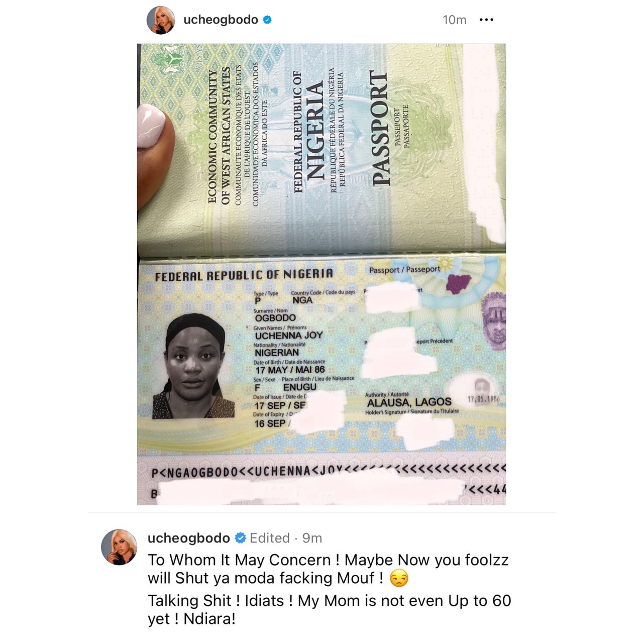 Actress Uche Ogbodo shares photo of her passport Biodata to prove she is indeed 38