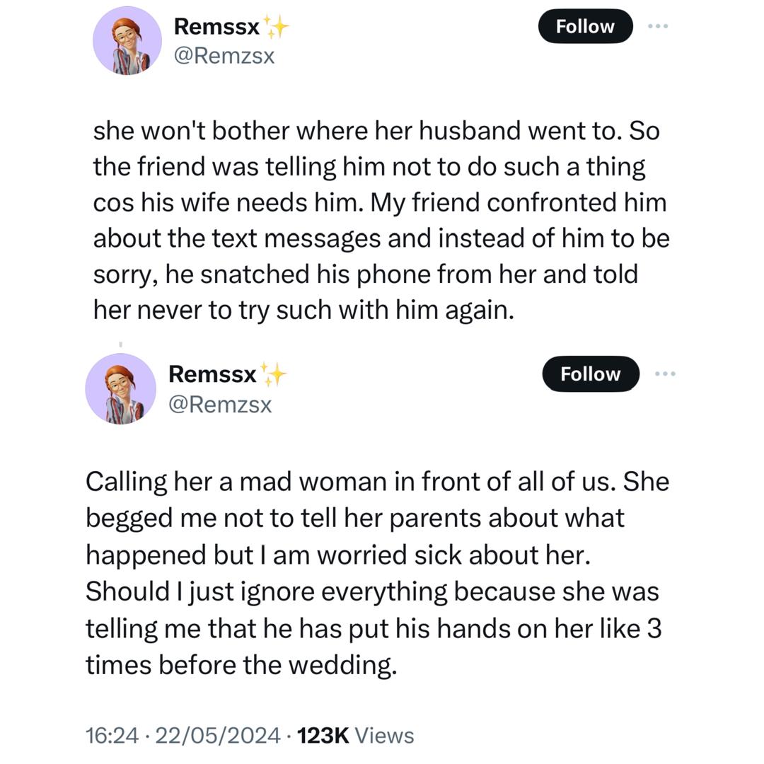 Woman reveals what she experienced before and after her friend?s wedding that makes her concerned for the marriage