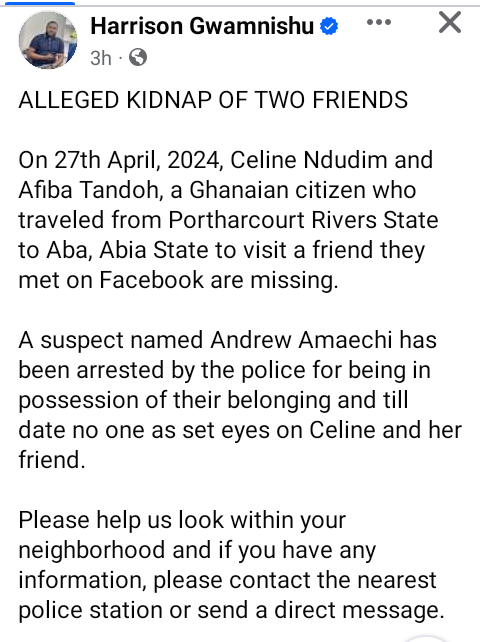 Two friends allegedly missing after travelling from Port Harcourt to Abia to "see a man they met on Facebook"