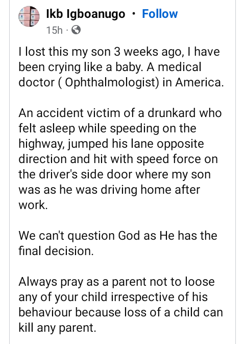 "I have been crying like a baby" - Father mourns as drunk driver kills Nigerian doctor in US