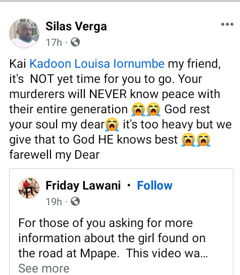 Young woman found dead by roadside in Abuja identified as Kadoon Louisa Iornumbe (video)