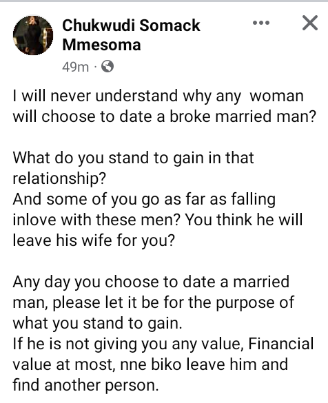 If he is not giving you financial value, leave him and find another person - Nigerian woman queries women who date broke married men