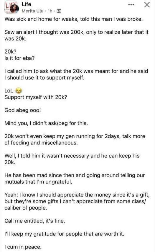 Is it for eba? - Nigerian lady calls out a man who gave her N20k that 