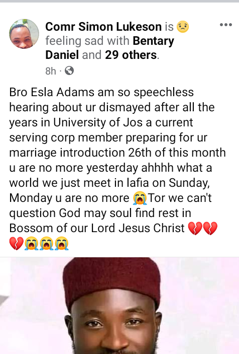 Friends and family mourn as Corps member dies in auto crash 6 days to his marriage introduction