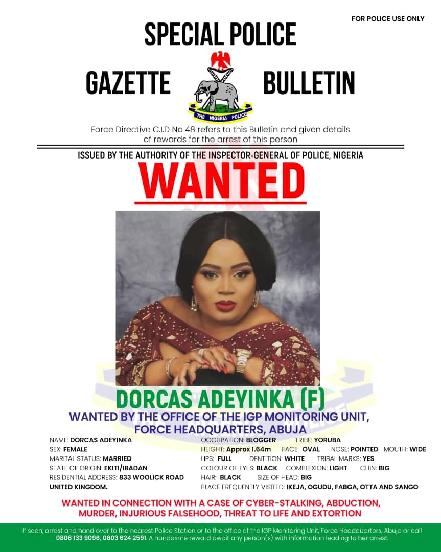 Police declare UK-based Nigerian socialite and blogger wanted for murder, abduction, cyber-stalking