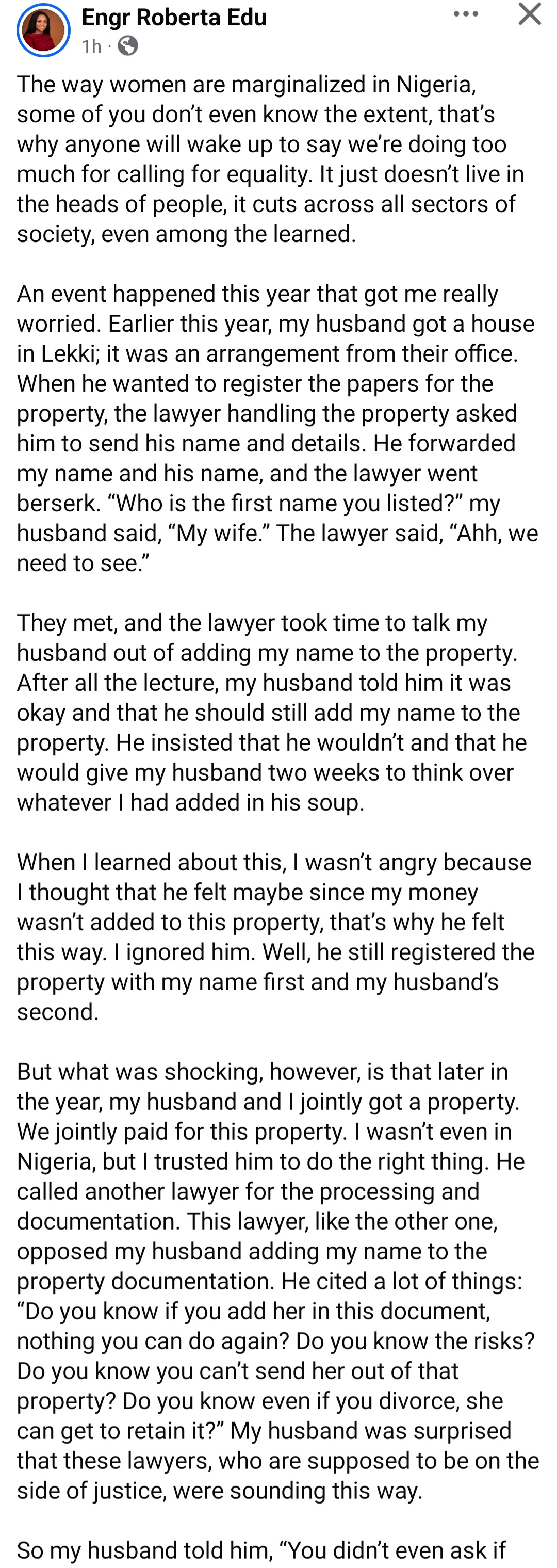 Businesswoman shares how two lawyers tried to discourage her husband from adding her name to the documents when buying properties