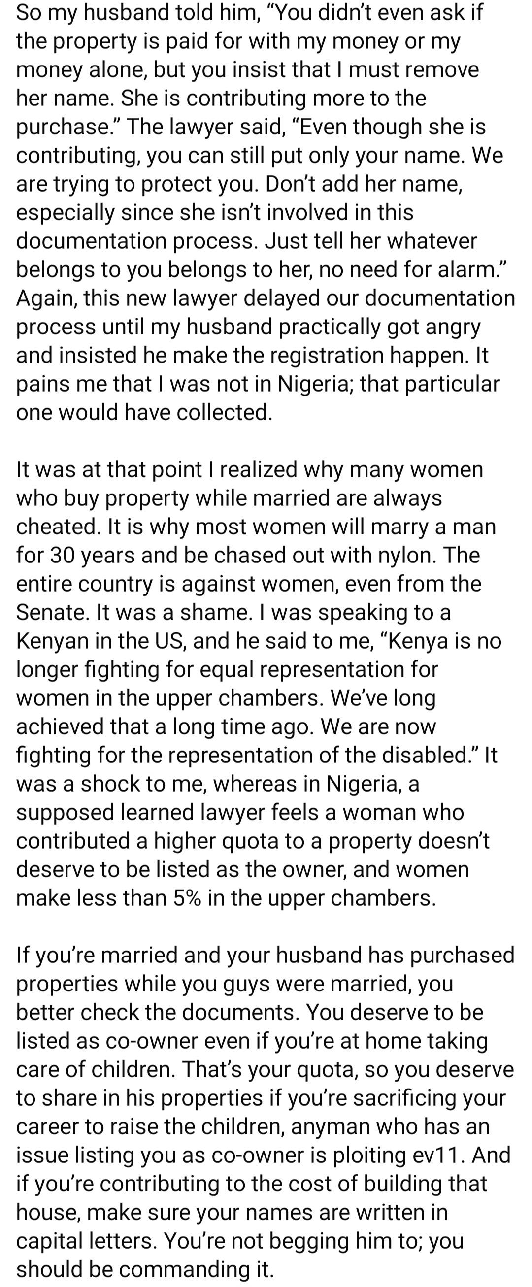 Businesswoman shares how two lawyers tried to discourage her husband from adding her name to the documents when buying properties