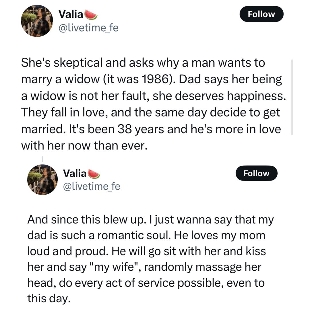 X-user shares heartwarming story about how her widowed mum met and married her single and never-been-married dad