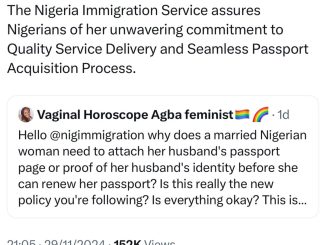 Nigeria Immigration denies asking married women to attach their husband’s passport page or proof of her husband’s identity before she can renew their passport